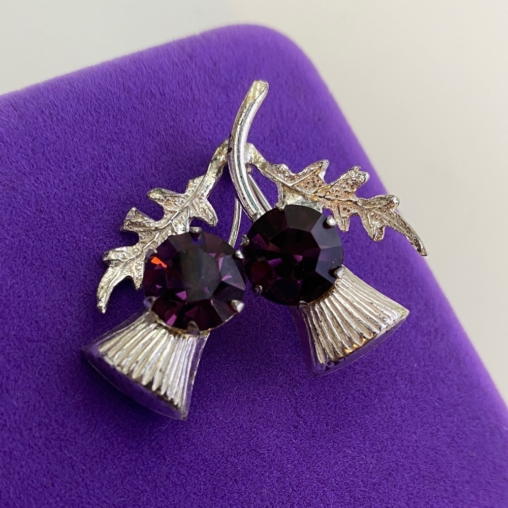 π Vintage Sterling Silver Amethyst Rhinestone Floral Brooch